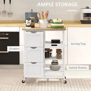 Carrello da Cucina Moderno Bianco con Ripiani in Rovere, Cassetti, Struttura in Acciaio e Design Regolabile - Product Image 4