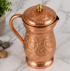 Pichet à eau en cuivre artisanal avec couvercle, design floral embossé vintage, grande capacité, vaisselle pour la maison, bien-être ayurvédique indien - Product Image 5