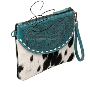 Artisan Hairon Cowhide Zipper Clutch Bag Turquoise Handmade Western Leather <b>Wristlet</b> Pouch for Ladies Daily Use Women Purse - Product Image 2