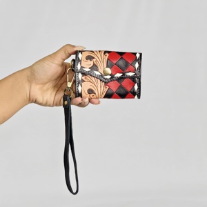 Portefeuilles-bracelets en cuir véritable à carreaux, faits main et gravés, style Cowgirl Premium 2026 – Pochette florale en cuir véritable avec porte-cartes - Product Image 2