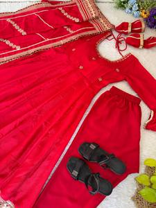 <b>Red</b> Embroidered Anarkali <b>Lehenga</b> Set Long Sleeve Dupatta Traditional Dress for Wedding Party Women - Product Image 2