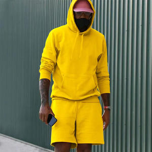 Ensemble de survêtements sportifs d'hiver en coton éponge 2 pièces pour hommes, avec impression numérique, broderie et délavage à l'acide, comprenant un sweat à capuche zippé et un short - Product Image 1