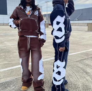 Custom Reverse <b>Embroidery</b> Logo Streetwear Pullover Vintage Half Zipper Acid Wash Distressed Flared Sweatpants and Hoodie <b>Set</b> - Product Image 2