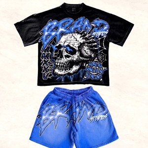 Summer Track Suit Boxy Dtg Crack Screen Print Cropped Acid Wash Vintage Tshirt Shorts Set 2 Piece Short Set Custom Logo - Product Image 2