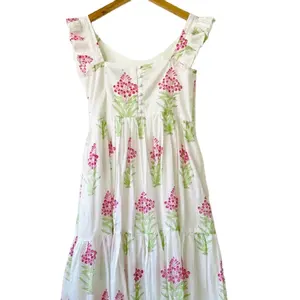 Pink Cherry Blossom Tiered Midi Dress for Womens closed neck Cotton Women Dress from Indian Manufacturer and Exporter