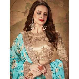 Belle tenue de fête en organza imprimé numérique à fleurs bleu ciel Sabyasachi Lehenga Choli - Product Image 5