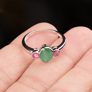 Natural <b>Emerald</b> and Ruby 925 Sterling <b>Silver</b> Three Stone <b>Ring</b> | Handmade Healing Fine Jewelry Gift for Women Wholesale price - Product Image 5
