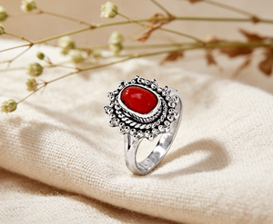 Anillo de Cóctel de Plata 925 con Coral para Mujer, Estilo Bohemia, con Engaste de Flores, para Uso Diario, Joyería Fina, Art Palace - Product Image 1