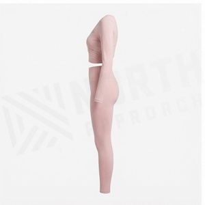 Pink 2 Piece Yoga Set Full Length Seamless High Waist Leggings V Neck Long Sleeve <b>Top</b> Twist Design Women's Activewear - Product Image 3