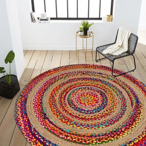 Tapis rond bohème en jute fait main, motif abstrait multicolore, à poils ras, pour la décoration du salon - Product Image 4