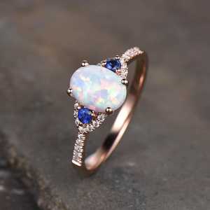 Anillo de Boda Art Deco con Ópalo Azul Zafiro, Certificado IGI, Plata de Ley 925, Chapado en Oro de 14K, Joyería Festiva para Mujer - Product Image 2