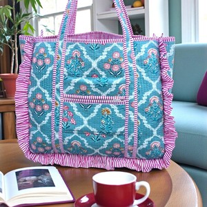 Cotton Quilted Floral Tote <b>Bag</b> With Pink Ruffles <b>Boho</b> Style Women's Shoulder <b>Bag</b> All Seasons Shopping <b>Bag</b> - Product Image 3