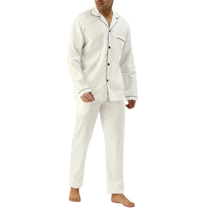 <b>Men's</b> White Long Sleeve Cotton <b>Pajama</b> <b>Set</b> With Black Trim Casual Sleepwear Full Length Pants and Shirt Spring Season Wear - Product Image 1