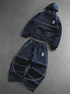 Conjunto de Chaqueta Cortavientos Ligera de Nailon para Hombre, Talla Grande, con Capucha y Cremallera, Estampado de Letras, y Pantalones con Ribete en Contraste - Product Image 2