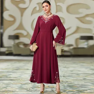 abaya dubai 2023 burgundy neckline hollow mesh sewn diamond A-line dress new season women islamic clothing abaya kaftan