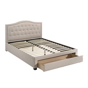 Testiera Imbottita con Design ad Arco e Bottoni, in Tessuto di Iuta Marrone Chiaro, per Letto Queen Size con Cassetto Contenitore, Arredamento Camera da Letto - Product Image 1