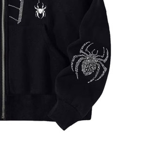 Sweat à capuche Wearpex Spider Web Rhinestone 100% coton molletonné pour homme et femme, fermeture éclair noire, style streetwear oversize unisexe, bling, luxe, hip-hop - Product Image 5