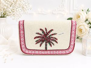 Pochette florale perlée faite à la main avec motif palmier, sac de soirée - Product Image 3