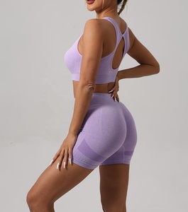 Ensemble 2 pièces de shorts de yoga respirants pour femmes, taille haute, double bretelles, logo avant, tenue de sport fitness sans couture extensible - Product Image 3
