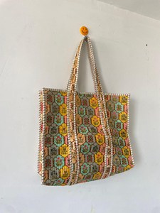 Bolso Tote de Algodón Acolchado con Diseño Floral Multicolor y Estampado a Mano, Estilo Bohemio, Bolso de Compras Casual Abierto para Mujer - Product Image 1