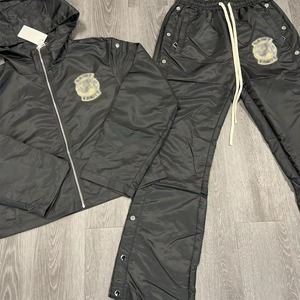 New High Quality 100% Cotton Breathable Lightweight Unisex Acid Wash Printed Jogging <b>Windbreaker</b> Tracksuits Set <b>Black</b> Custom - Product Image 5