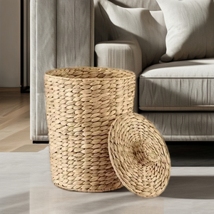 10L Natural Water Hyacinth <b>Wicker</b> <b>Baskets</b> <b>with</b> <b>Lid</b> and Plastic Liner Trash Bin Recycle Hand Woven <b>Storage</b> <b>Basket</b> Laundry <b>Basket</b> - Product Image 1