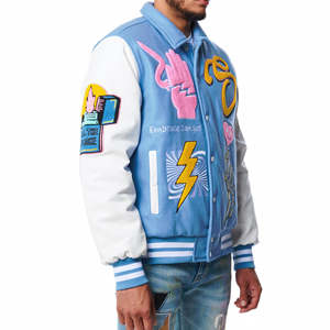 Chaqueta Varsity de Moda al por Mayor con Cuello Vuelto, Chaqueta de Béisbol con Apliques para Hombre con Bolsillo y Manga de Cuero, Chaqueta para Hombre - Product Image 2