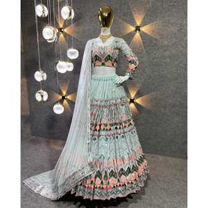 DISEÑADOR GEORGETTE CODDING SECUENCIA BORDADO TRABAJO LEHENGA CHOLI CON DUPATTA SKY - Product Image 1