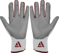Guantes de bateo de béisbol personalizables de cuero premium, color blanco y granate, tipo de cierre de gancho y bucle.