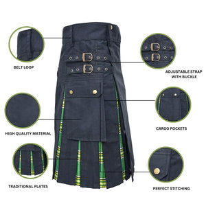 Kilt Híbrido para Mujer, Negro, Tela de Algodón Resistente, Pliegues de Tartán Escocés Irlandés, Bolsillos Cargo, Kilt Tradicional Moderno - Product Image 5