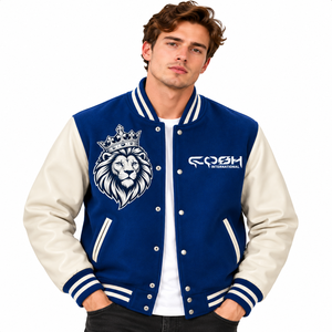Veste universitaire bleue et blanche pour homme avec broderie de lion, fermeture à boutons pression, manches blanches, broderie de lion, style baseball - Product Image 1