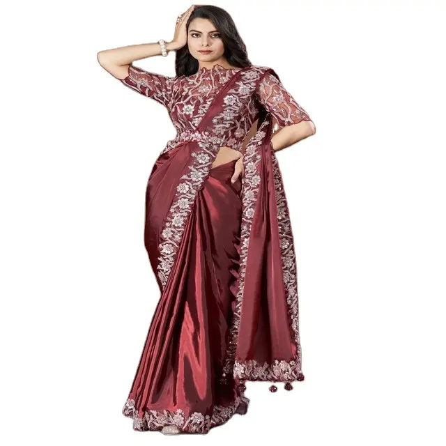Indian Designer Women's Satin Silk Saree With Semi Ready To Wear Blouse|Red Silk And Embroidered Work Party Wear Saree For Girls