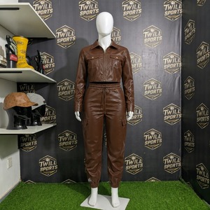 Women's Brown PU Leather Winter Tracksuit Full Sleeve Drawstring <b>Pants</b> Solid Color Casual Wear 2 1 Design Breathable - Product Image 2