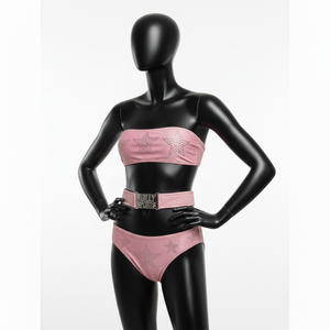 Traje de baño de dos piezas rosa de nailon y spandex GSM de alta calidad con estrella de diamantes de imitación y cinturón con logo personalizado por transferencia térmica para mujer. - Product Image 4