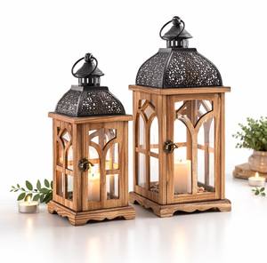 Farol de Madera Cuadrado Natural con Paneles de Vidrio, Hecho a Mano, Rústico, de 1 Color, Portavelas Impreso para Decoración del Hogar, Navidad, Pascua - Product Image 4