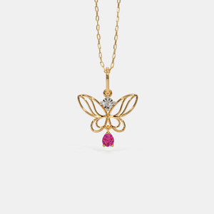 Yellow Gold Butterfly <b>Pink</b> Gemstone and Lab Grown Diamond Pendant <b>Necklace</b> - Product Image 1