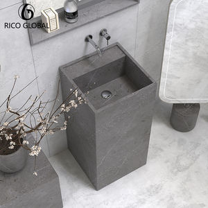 Meuble-lavabo de salle de bain RICO GLOBAL minimaliste en marbre sur pied avec miroir LED, vasque rectangulaire en pierre, finition polie - Product Image 4