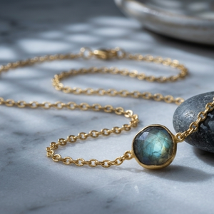 Best Selling Natural Labradorite 925 Sterling <b>Silver</b> 18K Gold Plated Necklace 16 Inch 10mm Round Trendy Wholesale Jewelry - Product Image 1
