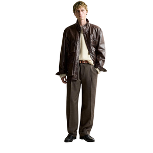 Blouson utilitaire homme en cuir véritable marron foncé, col montant, fermeture éclair dissimulée, patte de boutonnage à pression, multiples poches à rabat, coupe décontractée - Product Image 1
