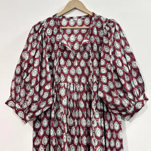 Vestido Midi Casual para Mujer, 100% Algodón Tejido, Estampado Floral, Liso, Mangas Abullonadas, Cintura Imperio, Estilo Babydoll, Cuello en V, Talla Grande - Product Image 5