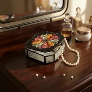 Artisan Design Octagonal Black Jewelry Box <b>Mirror</b> Surface Metal Frame Decorative <b>Storage</b> Organizer for Ring Cosmetic Floral - Product Image 3