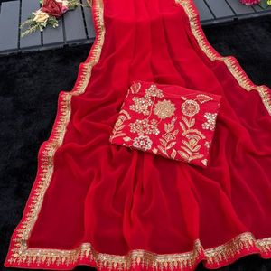 Sari en Georgette brodé de sequins pour femme avec bordure en dentelle et chemisier en soie monofilament lourde – Prix de gros par Royal Export - Product Image 1