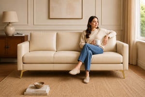 Sofá Moderno de Tres Plazas en Cuero Genuino con Patas Metálicas, Respaldo Firme y Brazos Rectos, Mueble de Sala de Estar - Product Image 4