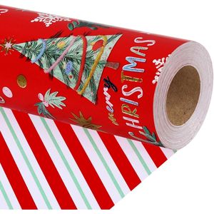 Rotolo di Carta da Regalo con Design Classico dell'Albero di Natale, Confezione Regalo Rossa con Bastoncini di Zucchero e Fiocchi di Neve, Accessori per le Festività Natalizie - Product Image 1