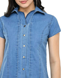 Women's Denim <b>Shirt</b> <b>Half</b> Sleeve Knitted <b>Button</b> Custom Design Regular Fit Casual Wear - Product Image 6