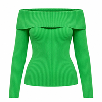 Pull côtelé pour femme en mélange de viscose, à épaules dénudées, uni, à manches longues, coupe ajustée, en maille, avec bordure à volants, haut tendance