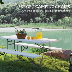 Set di 2 Panche Pieghevoli Portatili in Plastica da 1,8 m con Maniglia per il Trasporto, Arredo da Campeggio, Colore Bianco - Product Image 4