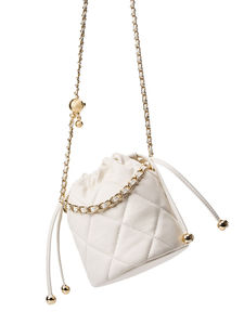 <b>White</b> Quilted Genuine Leather Crossbody Bucket Bag Chain Strap Drawstring <b>Handbag</b> for Daily Travel - Product Image 2