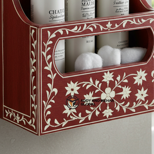 Organizador de almacenamiento rojo para montar en la pared del baño – Elegante estante de madera para baño y tocador - Product Image 5