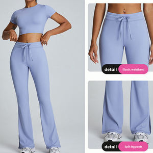 Ensemble de yoga pour femme bleu clair : Crop top et legging taille haute longueur intégrale, 2 pièces en Spandex et Polyester extensible dans les 4 sens avec cordon de serrage - Product Image 3